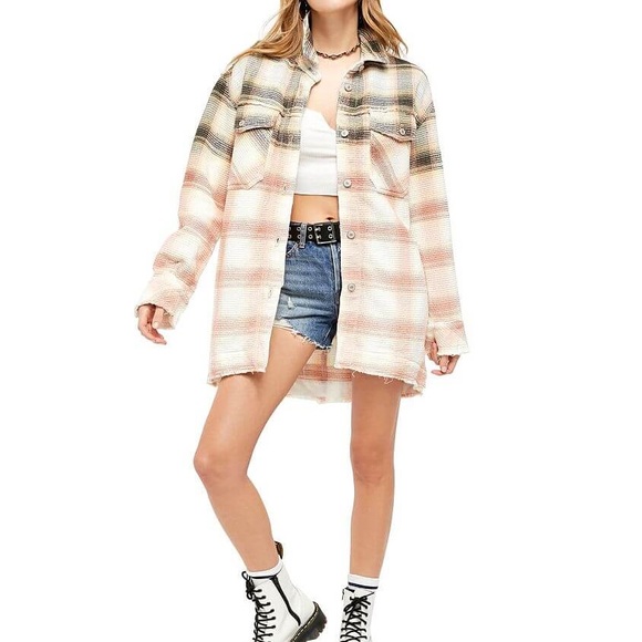 We The Free by Free People Plaid Waffle Texture Anneli Plaid Oversized Shacket - Picture 1 of 7
